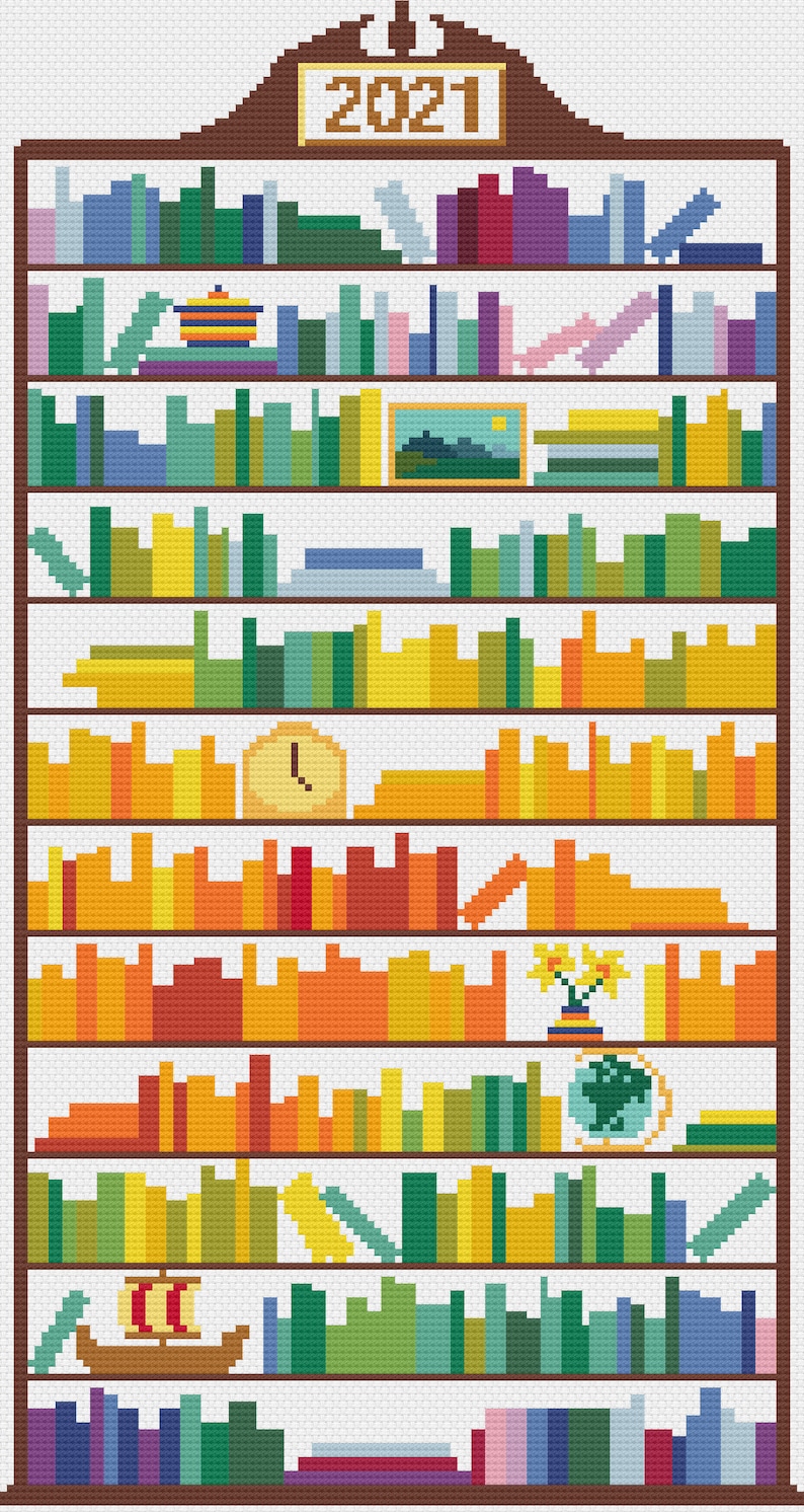 May include: A cross-stitch pattern of a bookshelf with books in various colours and sizes. The bookshelf has a sign on top that says "2021".