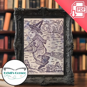 Bewitching Storm 1720 - PDF Instant Download Halloween Witch Cross Stitch Pattern Woodcut