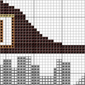May include: A cross stitch pattern featuring a brown and white letter 'O' with a grey cityscape in the background.