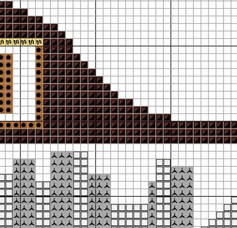May include: A cross stitch pattern featuring a brown and white letter 'O' with a grey cityscape in the background.