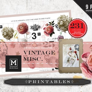 IMPRIMIBLES FLORALES VINTAGE, Descarga digital, Clip Art de accesorios vintage, Pegatinas para hacer tú mismo, Pegatinas de flores artificiales, Pegatinas florales