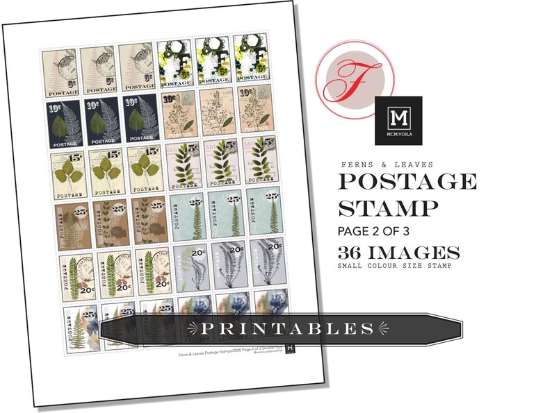 Ferns & Leaves Postage Stamp PRINTABLES, Digital Downloads, Faux Postage Stamps, DIY Stickers, Art Journaling, Digital Stamp, Collage, Stamp image 3