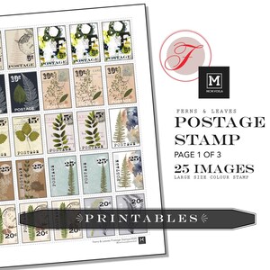 Ferns & Leaves Postage Stamp PRINTABLES, Digital Downloads, Faux Postage Stamps, DIY Stickers, Art Journaling, Digital Stamp, Collage, Stamp image 2