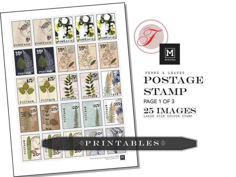 Ferns & Leaves Postage Stamp PRINTABLES, Digital Downloads, Faux Postage Stamps, DIY Stickers, Art Journaling, Digital Stamp, Collage, Stamp image 2