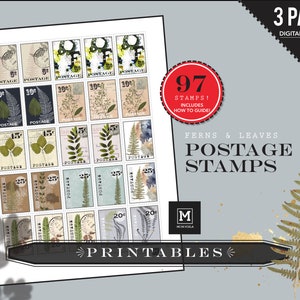 Ferns & Leaves Postage Stamp PRINTABLES, Digital Downloads, Faux Postage Stamps, DIY Stickers, Art Journaling, Digital Stamp, Collage, Stamp image 1