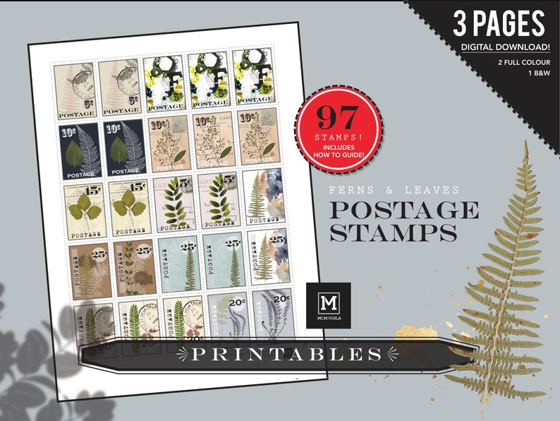 Ferns & Leaves Postage Stamp PRINTABLES, Digital Downloads, Faux Postage Stamps, DIY Stickers, Art Journaling, Digital Stamp, Collage, Stamp image 1