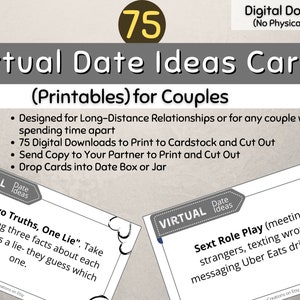 Puede incluir: Descarga digital de "Tarjetas de ideas para citas virtuales" para parejas. La imagen muestra tarjetas imprimibles con ideas para citas nocturnas, diseñadas para relaciones a distancia. Las tarjetas incluyen indicaciones para actividades virtuales.
