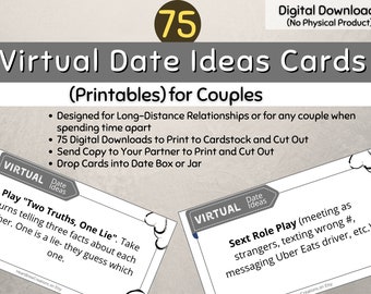 75 Virtual Date Idea Cards for Long-Distance Relationships  and Couples Spending Time Apart (Digital Download-Printable)