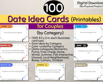 100 Date Ideas for Couples Cards (Printables- Digital Download) Romantic Date Ideas, Home Date Ideas, Free Date Ideas, Cheap Date Ideas