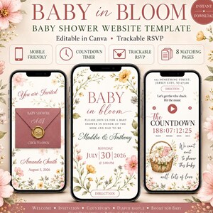 Baby in Bloom invitation website template with RSVP Tracker: Digital canva editable site for baby shower, wildflower floral gender reveal