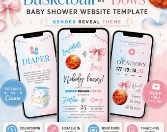 Basketball or Bows Baby Shower Website Invitation with RSVP, Editable Canva Gender Reveal Invite, Pink or blue baseball