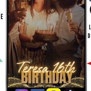 Könnte beinhalten: Ein Smartphone-Bildschirm zeigt einen Geburtstagsfilter mit goldenem Glitzer und dem Text "Teresa 16th Birthday". Der Filter wird auf einem Foto von drei Personen verwendet, die feiern. Die Symbole für Instagram, Facebook, Snapchat und TikTok werden auf dem Bildschirm angezeigt.