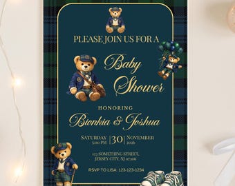 Preppy Teddy Bear Baby Shower Invitation, Polo Bear Baby Shower Invite, Editable Canva Template, Classic Blue Plaid Boy Shower