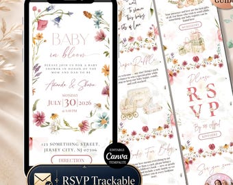 Baby in Bloom Baby shower Invitation Website Template with RSVP Tracker, Editable Canva Baby Shower Site, Wildflower Floral Gender Reveal
