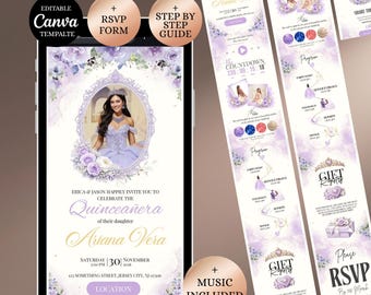 Lilac Quinceañera Digital Invitation Website with RSVP | Editable Canva Sweet 16 Invite, 15th Birthday Online quince Invitation