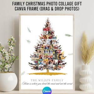 Family Christmas Tree Photo Collage Canva Frame, Personalized Holiday Family Photo Collage, Digital Christmas Wall Art Gift