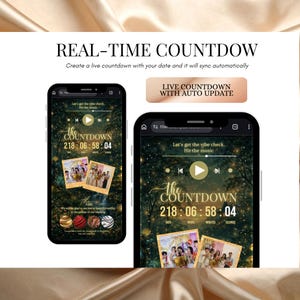 Op de afbeelding: Twee smartphones tonen een countdown-app met de tekst "REAL-TIME COUNTDOW". De app toont een timer met dagen, uren, minuten en seconden. De app bevat ook de tekst "LIVE COUNTDOWN WITH AUTO UPDATE".