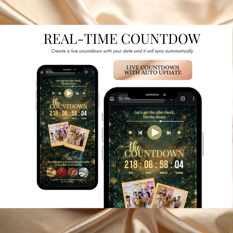 Op de afbeelding: Twee smartphones tonen een countdown-app met de tekst "REAL-TIME COUNTDOW". De app toont een timer met dagen, uren, minuten en seconden. De app bevat ook de tekst "LIVE COUNTDOWN WITH AUTO UPDATE".