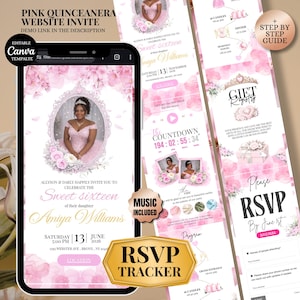 May include: A pink quinceañera website invite displayed on a smartphone and additional pages. The invite includes the text "Sweet Sixteen" and "RSVP Tracker". The design features floral accents, a photo, and event details.