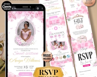 Pink Quinceañera Invitation Website with RSVP Template, Editable Canva 15th Birthday Invite, Trackable RSVP & Countdown, Quince Invite