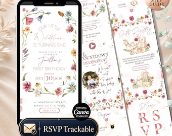 Wildflower First Birthday Website Invitation with RSVP Tracker, One Birthday Digital Invite, Editable Canva Floral Party Website Invite