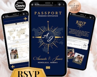 Destination Wedding Invitation with RSVP tracker: Passport wedding Canva template, Animated Travel website Invite