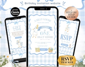 One Silly Goose First Birthday Invitation Website, Online RSVP, Blue Gingham Editable Canva Template