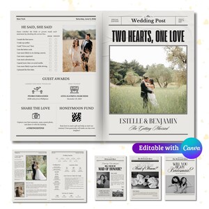 以下が含まれることがあります： 新聞のスタイルの印刷可能な結婚発表。見出しは「2つの心、1つの愛」で、カップルであるエステルとベンジャミン、そして「結婚します」という言葉を掲載しています。