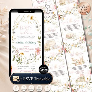 Puede incluir: Una invitaci&oacute;n a un baby shower en la pantalla de un smartphone, con dise&ntilde;os florales y el texto "Baby in Bloom". La invitaci&oacute;n incluye detalles del evento. Tambi&eacute;n se ven tarjetas adicionales con ilustraciones y texto tem&aacute;ticos de beb&eacute;s.