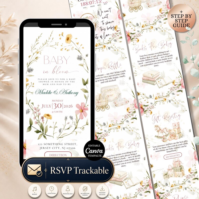 Puede incluir: Una invitaci&oacute;n a un baby shower en la pantalla de un smartphone, con dise&ntilde;os florales y el texto "Baby in Bloom". La invitaci&oacute;n incluye detalles del evento. Tambi&eacute;n se ven tarjetas adicionales con ilustraciones y texto tem&aacute;ticos de beb&eacute;s.