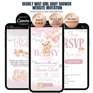 May include: Three smartphones displaying a baby shower invitation. The invitation features a teddy bear holding balloons, with text that reads "Bearly Wait Baby Girl." Additional screens show a gift registry and RSVP form.