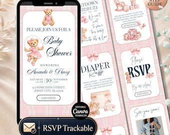 Pink Plaid Teddy Bear Baby Shower Website Invitation with RSVP: Preppy Polo Bear Baby Shower Invite, Editable Canva Template