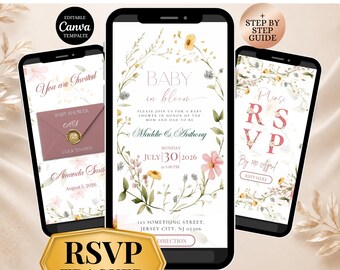 Baby in Bloom Invitation Website Template with RSVP Tracker, Editable Canva Baby Shower Site, Wildflower Floral Gender Reveal