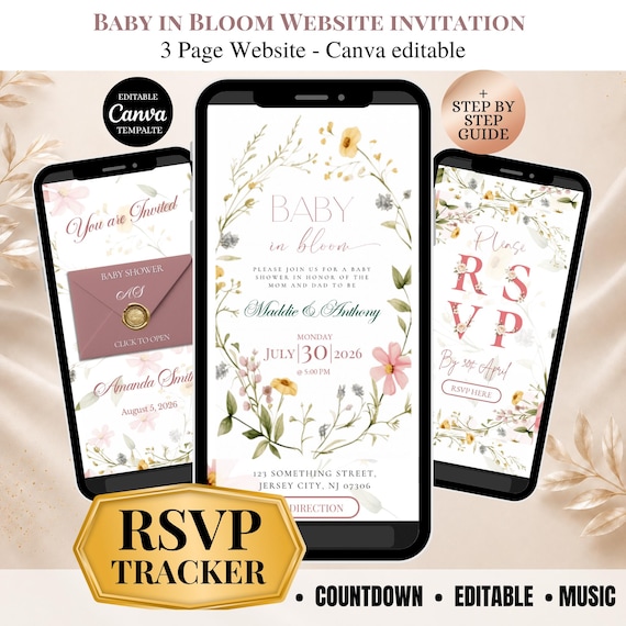 Baby in Bloom Invitation Website Template with RSVP Tracker, Editable Canva Baby Shower Site, Wildflower Floral Gender Reveal