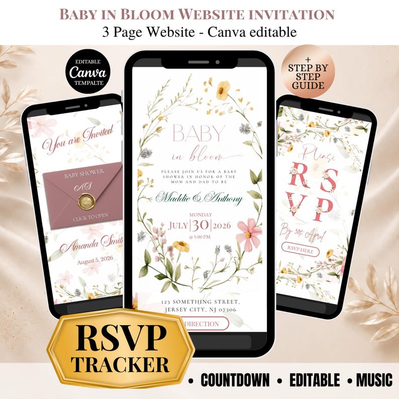 Puede incluir: Un dise&ntilde;o de invitaci&oacute;n digital para un baby shower, mostrado en tres smartphones. El dise&ntilde;o presenta elementos florales, el texto "Baby in Bloom" y detalles de RSVP. Incluye un gr&aacute;fico de seguimiento RSVP dorado y una plantilla editable de Canva.