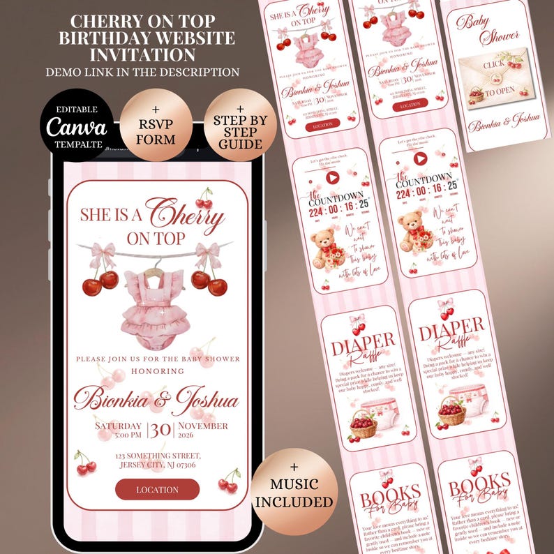She is Cherry on Top Baby Shower Invitation Website with RSVP: Baby Shower Invitation, cherry Theme | Digital Download