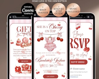 Website met uitnodiging voor babyshower She is kers op de taart: uitnodiging babyshower, kersjesthema | Digitale download