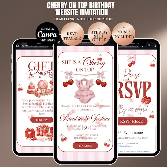 She is Cherry on Top Baby Shower Invitation Website with RSVP: Baby Shower Invitation, cherry Theme | Digital Download