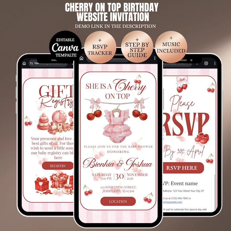 She is Cherry on Top Baby Shower Invitation Website with RSVP: Baby Shower Invitation, cherry Theme | Digital Download