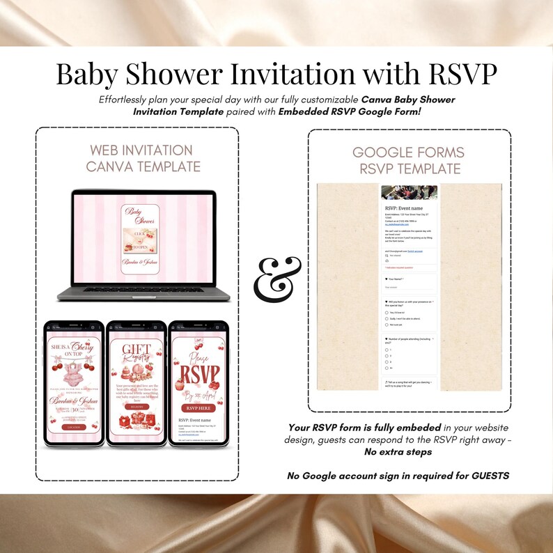 May include: A baby shower invitation template with RSVP information. The design includes a laptop, three smartphones, and a Google Forms RSVP template. The text includes "Baby Shower Invitation with RSVP" and "No Google account sign in required for GUESTS."