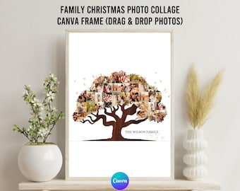 Family Tree Photo Collage Canva Frame, Personalized Holiday Family Photo Collage, Digital Christmas Wall Art Gift