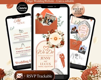 Terracotta / Rust & Cream Wedding Website invitation with RSVP Tracker, Fully Editable in Canva Template - 5 Page Digital Invite