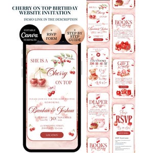 May include: A digital invitation design with a cherry theme. The main invitation features the text "She is a Cherry on Top" with watercolor cherry illustrations. Additional panels include RSVP, gift registry, and countdown details. The design is editable with Canva.