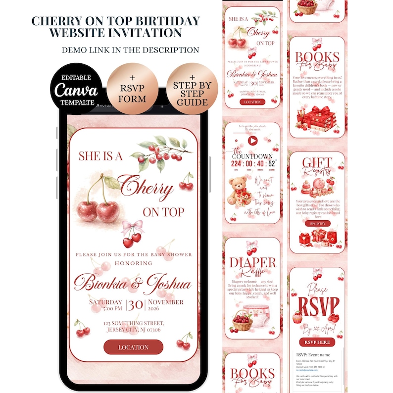 May include: A digital invitation design with a cherry theme. The main invitation features the text "She is a Cherry on Top" with watercolor cherry illustrations. Additional panels include RSVP, gift registry, and countdown details. The design is editable with Canva.