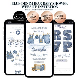 Blue Denim Jean Baby Shower Website Template, Western Invitation (Editable Canva) (Digital Download)
