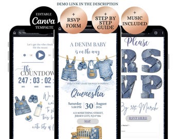 Blue Denim Jean Babyparty Website Vorlage, Western Einladung (editierbar Canva) (Digitaler Download)