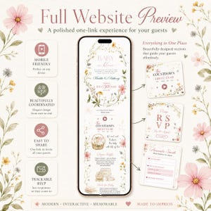Puede incluir: Vista previa de un sitio web para un baby shower en un tel&eacute;fono inteligente, con dise&ntilde;o floral y el texto "Baby in Bloom". La vista previa incluye secciones de RSVP y cuenta regresiva, con la fecha del 30 de julio de 2026.