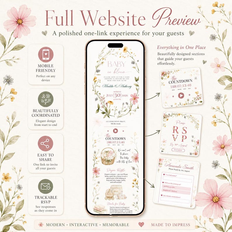 Puede incluir: Vista previa de un sitio web para un baby shower en un tel&eacute;fono inteligente, con dise&ntilde;o floral y el texto "Baby in Bloom". La vista previa incluye secciones de RSVP y cuenta regresiva, con la fecha del 30 de julio de 2026.