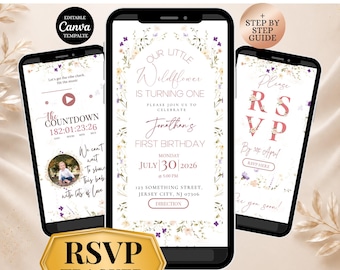 Wildflower First Birthday Website Invitation with RSVP Tracker, Editable Canva Floral One Birthday Digital Party Invite