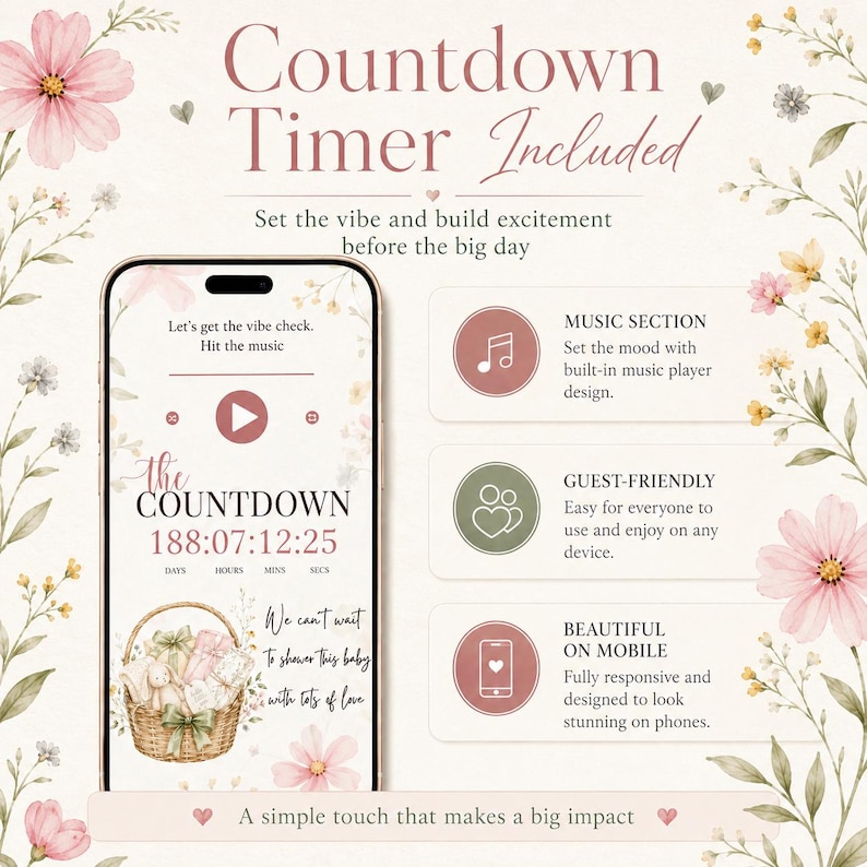 Baby in Bloom invitation website template with RSVP Tracker: Digital canva editable site for baby shower, wildflower floral gender reveal